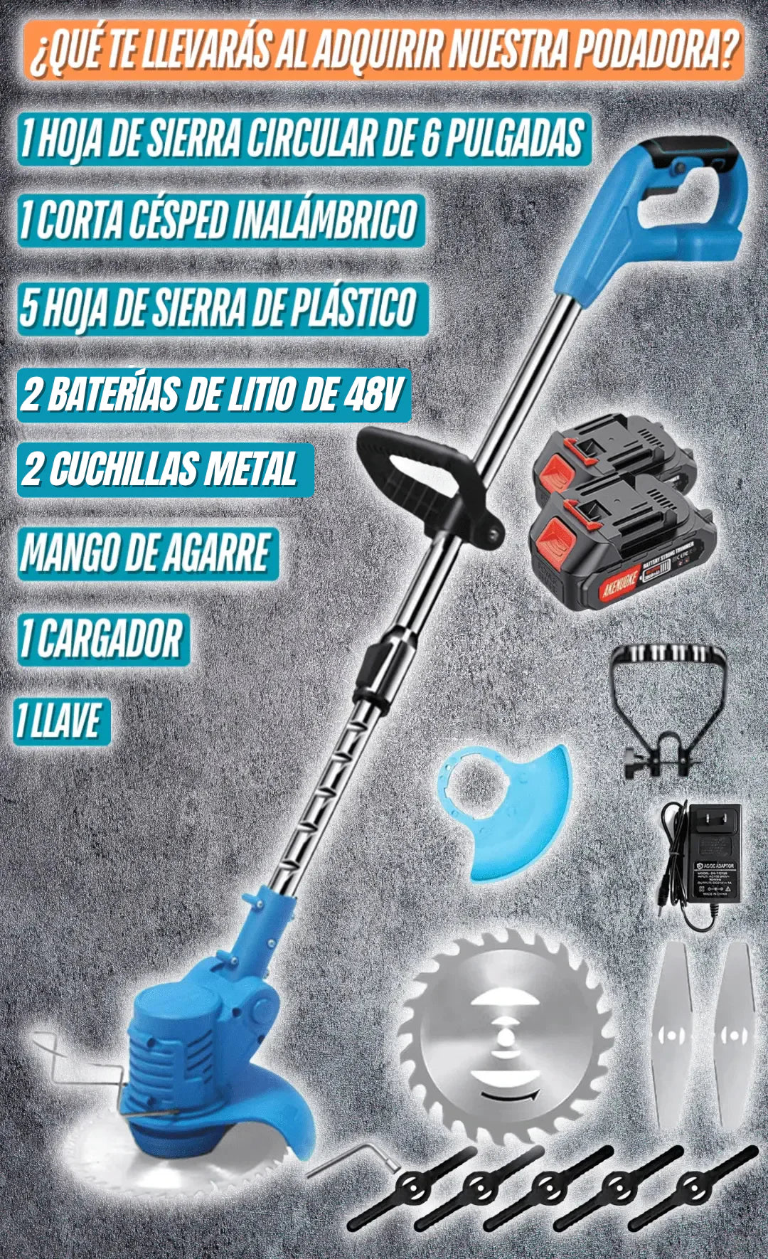 CORTADORA DE CESPED GREENPOWER PRO™ 8 HERRAMIENTAS + DOS BATERIAS DE 48V