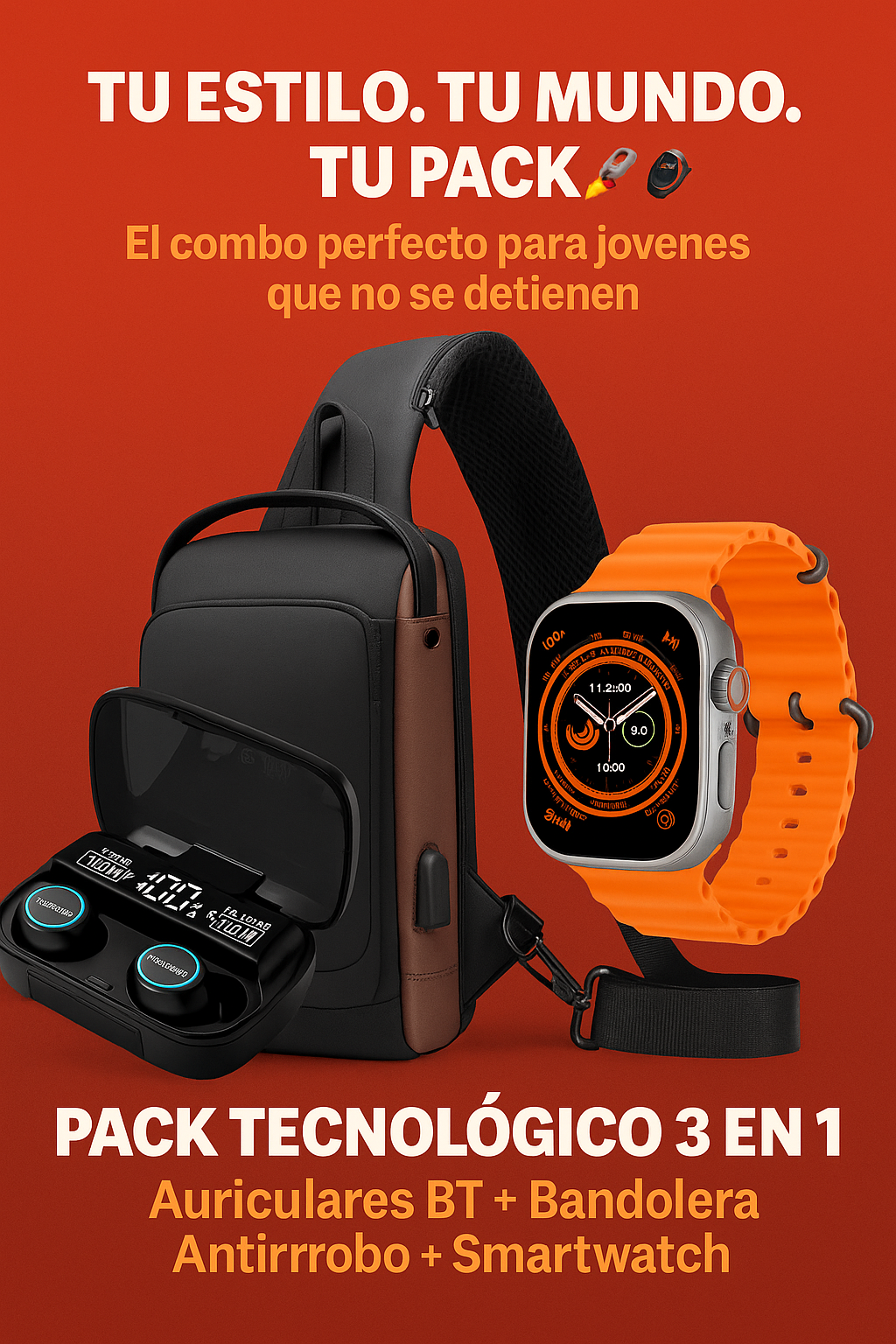 SUPER-INCREIBLE-COMBO- AURICULAR BT, BOLSO, SMART WATCH...(imperdiblee...!!)